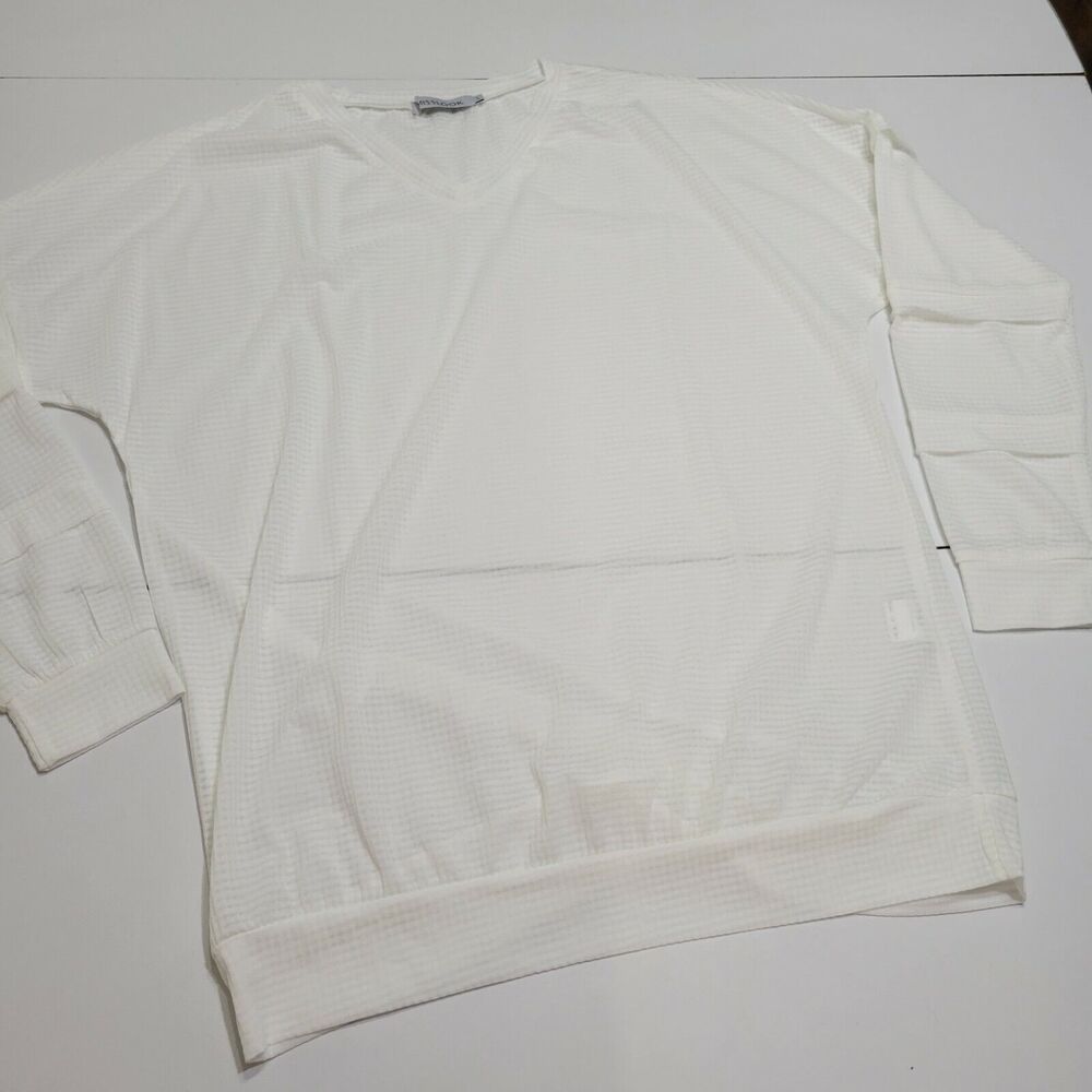 New Miss Look Women Tunic Shear White Waffle Long Sleeve V Neck Ribbed Stretch L